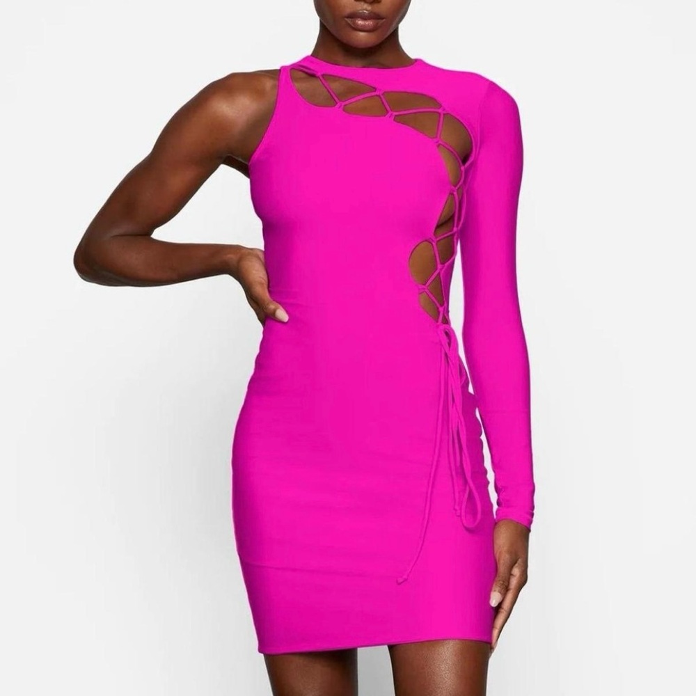 SKIMS Fuchsia Pink Lace Up One Sleeve Mini Dress
